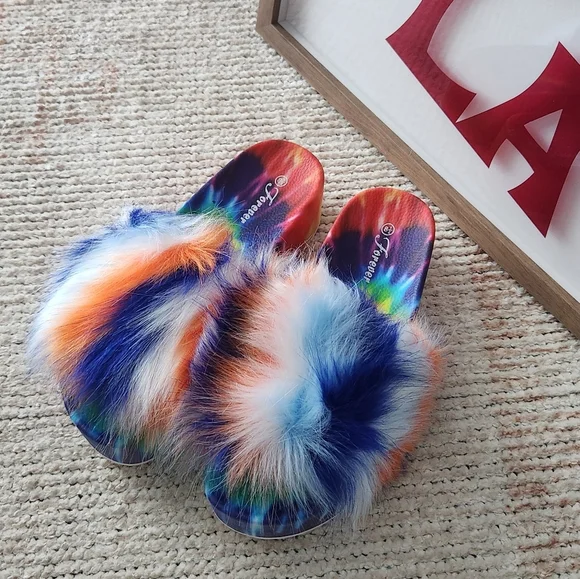 Faux Fur Tie Dye Platform Slides Blue Multi - Picture 12 of 12